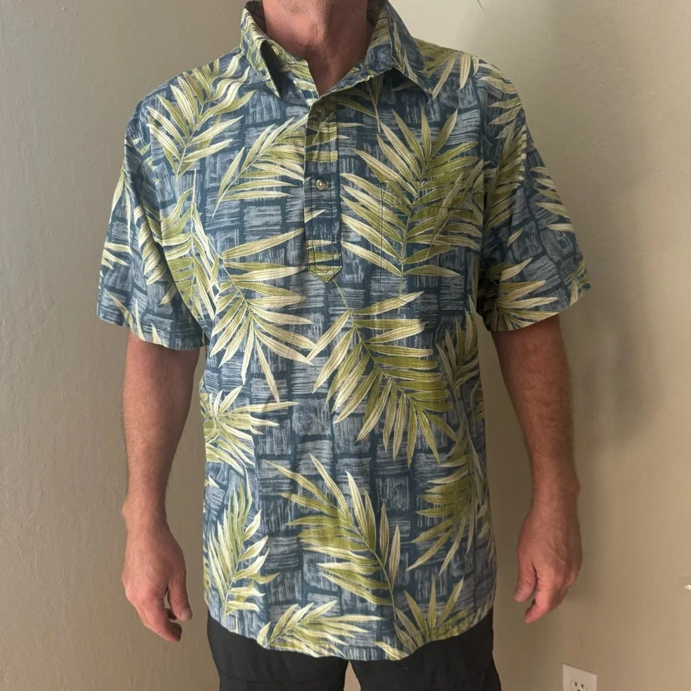 ONO & COMPANY By Liberty House Vintage Aloha Hawaiian Shirt Blue & Green Palm XL - Picture 4 of 16